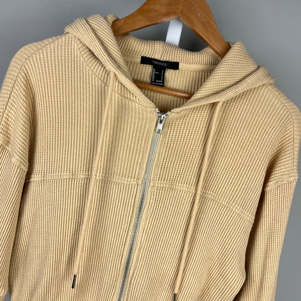 Forever 21 Thermal Waffle Knit Cropped Hoodie Womens‎ S Beige Jacket Zip Up